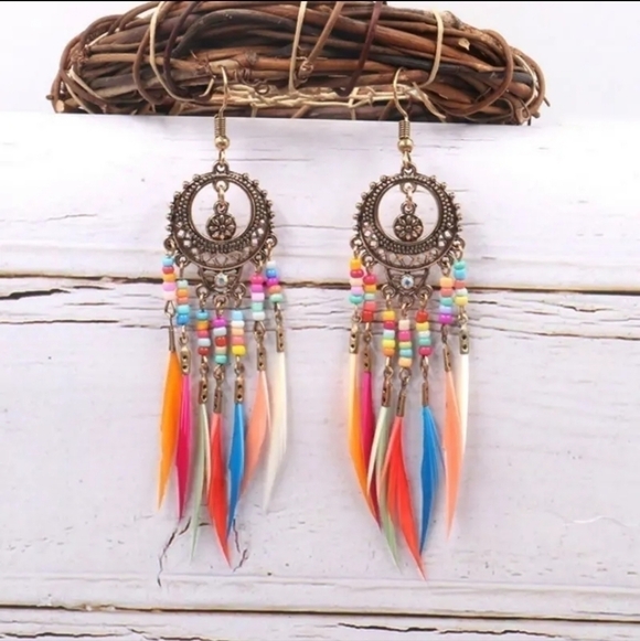 Jewelry - NWT Boho Colorful Long Beads Tassel Dangle Drop Earrings - Gold
